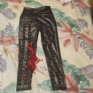 Black Lace-Up Leggings with Red Velvet Laces